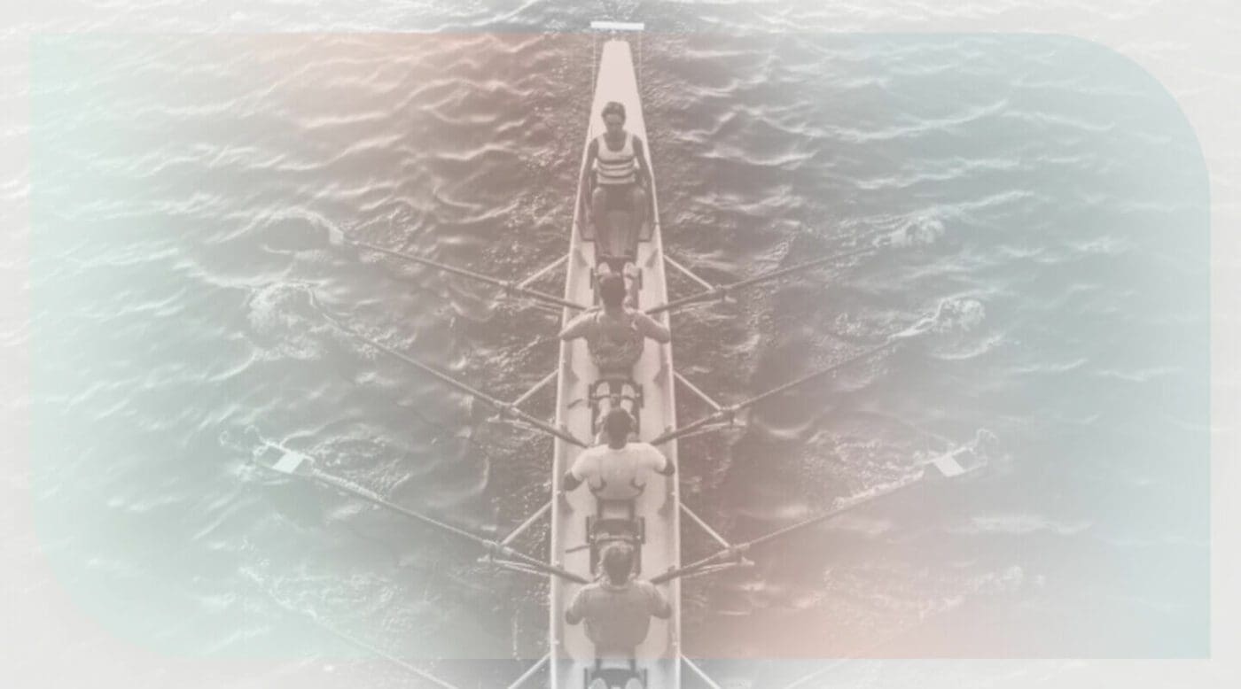 4 Steps that lead to Relational Leadership - a team rowing in a boat, with the leader sitting in the front.