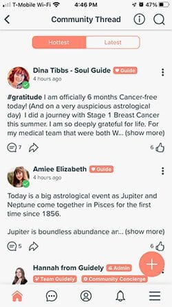 Screenshot showcasing the community thread section. Find self-help and individual counseling in the guidely community app.