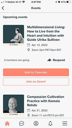 Screenshot showcasing the live events section. Find self-help and individual counseling in the guidely community app.