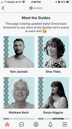 Screenshot showcasing the meet the guides section. Find self-help and individual counseling in the guidely community app.