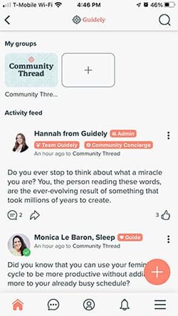 Screenshot showcasing the personal newsfeed section. Find self-help and individual counseling in the guidely community app.