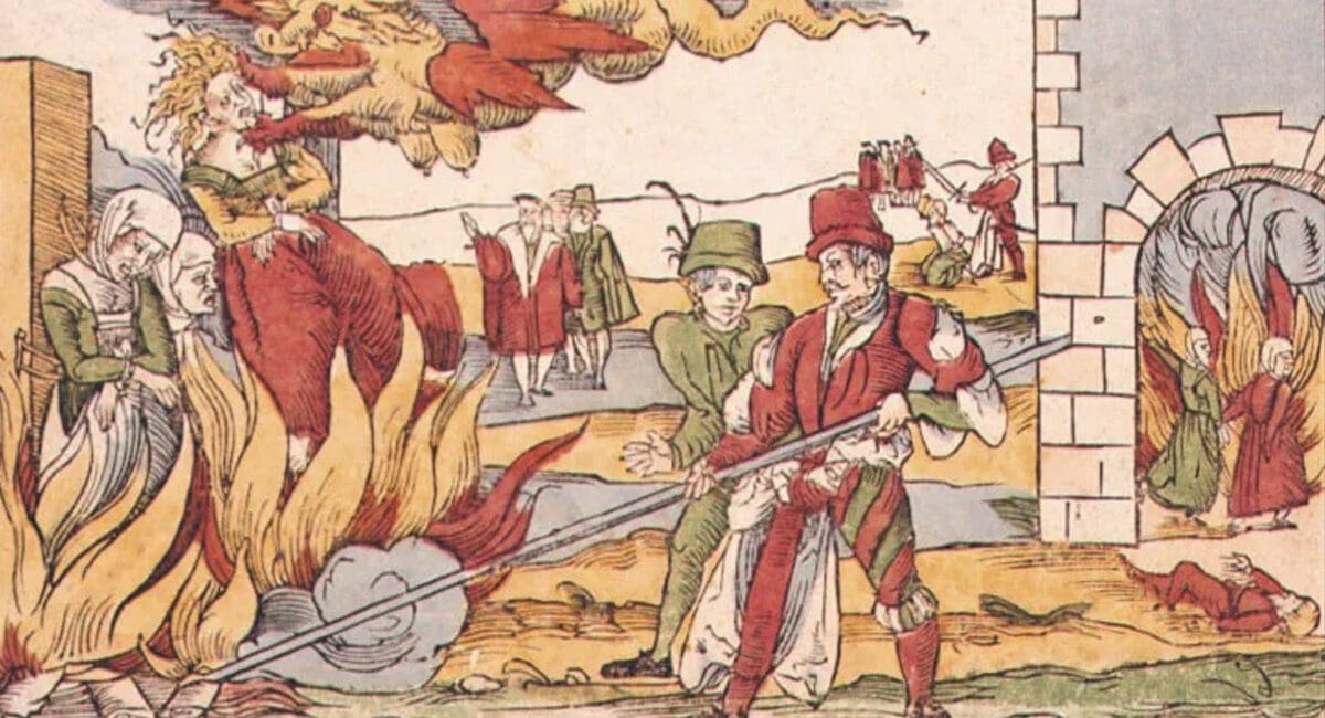 Witches being burned at the stake, colour drawing, 16th century. From the zentralbibliothek, zürich. Found via britannica. Com