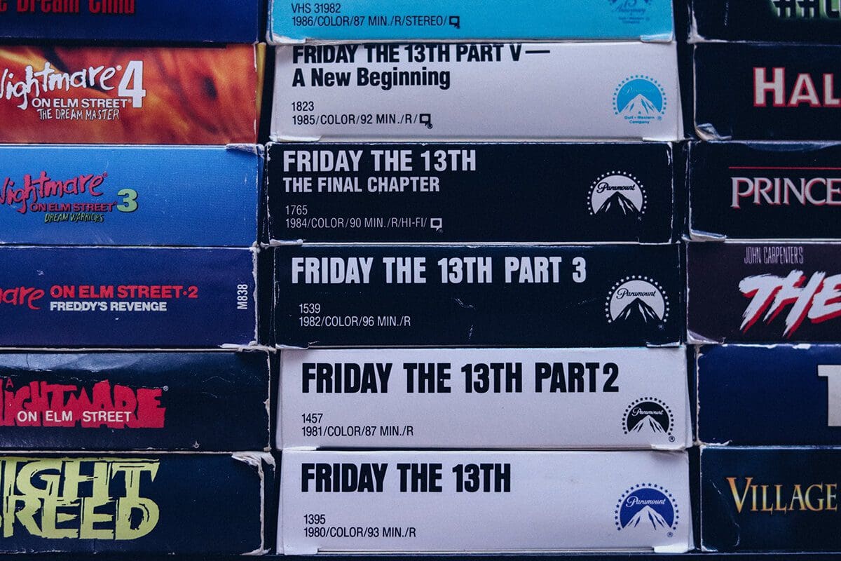 Collection of friday the 13th vhs movie boxes.
