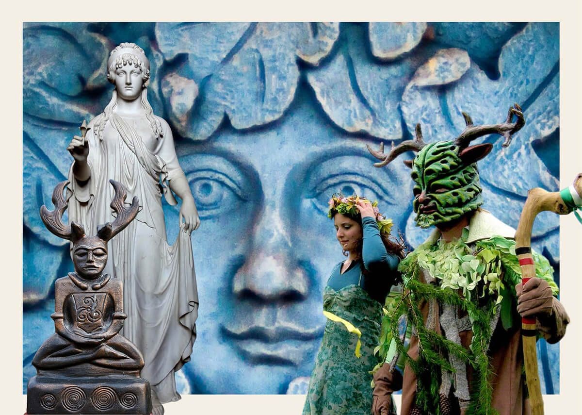 Summer solstice collage showcasing traditions and statues