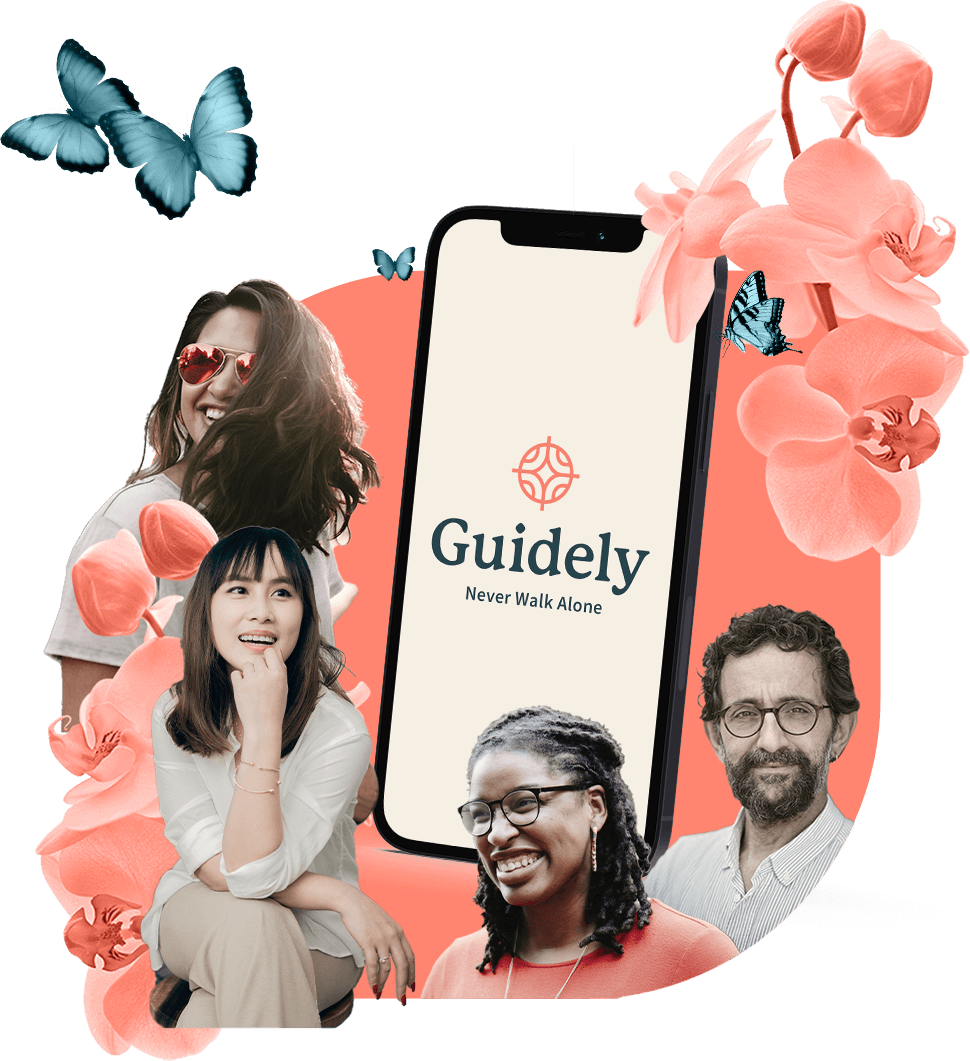 Guidely - never walk alone. Collage showcasing people, flowers, and a phone with guidely's logo.