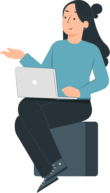 Cartoon of a woman holding a laptop and pointing at a phone.