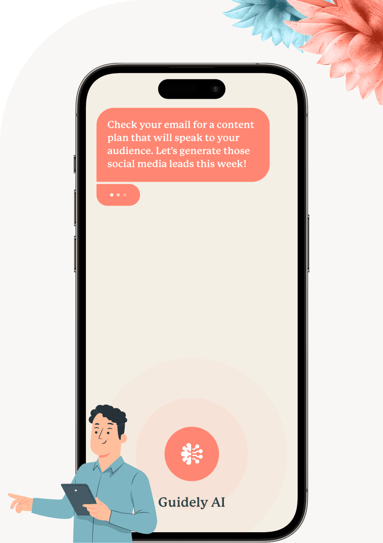 Iphone mockups with a preview of the guidely marketing ai, with cartoon of a man showcasing it.