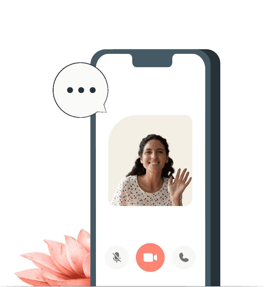 Mock-up of a mobile phone, with a photo of a friendly person on the screen waving at the reader, simulating a video conference.